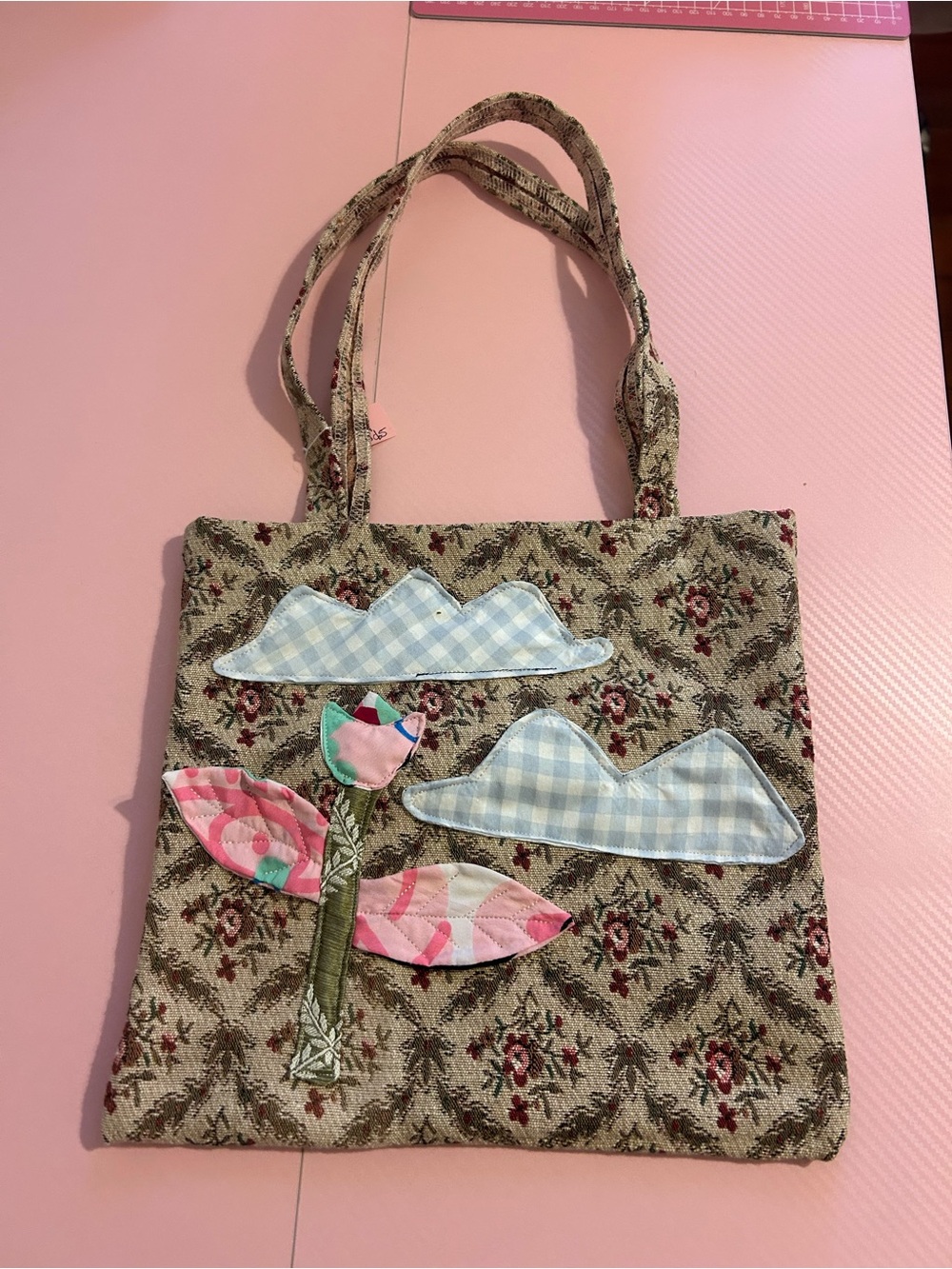 Handmade Floral Appliqué Tote Bag in Beige with Blue Accents